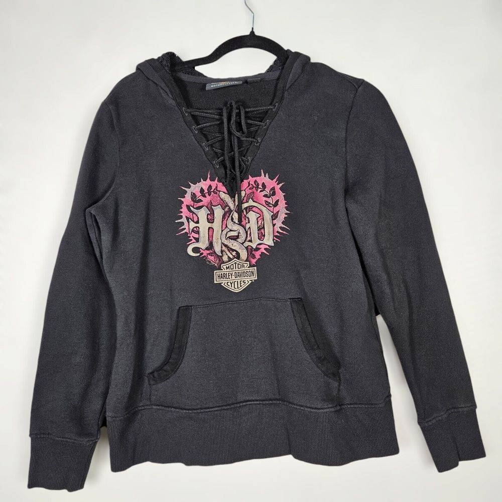 Harley Davidson Sweatshirt Hooded Lace Y2K Heart Tattoo Laced Grunge Hoodie Sz S